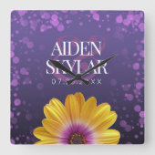 ゴエレガントールデンデイジーとパープルグリッター結婚ズ スクエア壁時計 (正面)