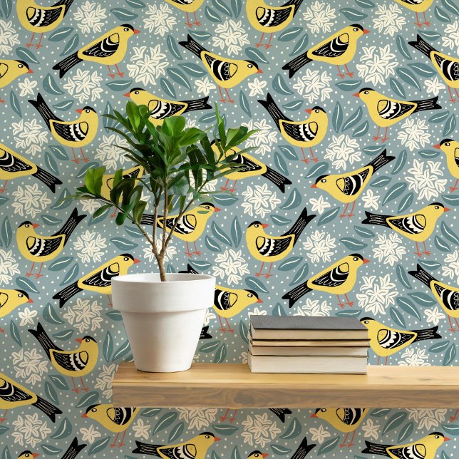 ゴシキドリとシャクナゲの鳥と花 壁紙 (Willow Goldfinch Coastal Rhododenron bird and flower wallpaper)