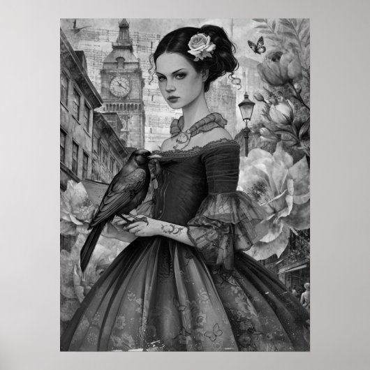 ゴシッお洒落クビクトリアンガール&花模様ロンドン ポスター (正面)