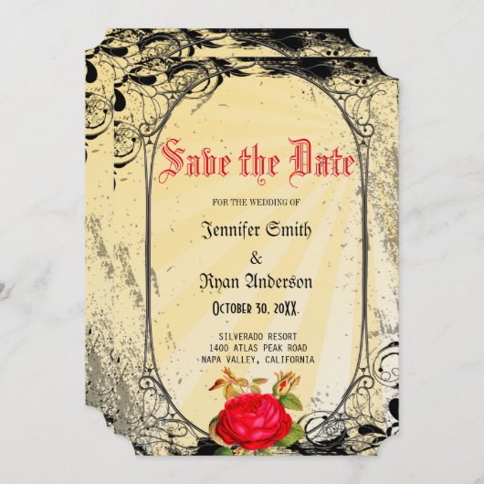 ゴシッエレガントクの赤いバラは日付を保存 招待状 (正面/裏面)