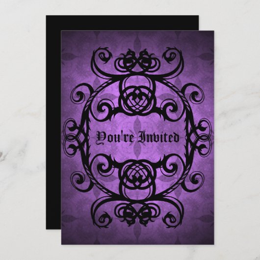 ゴシッエレガントクダマスク紫と黒パーティー 招待状 (正面/裏面)