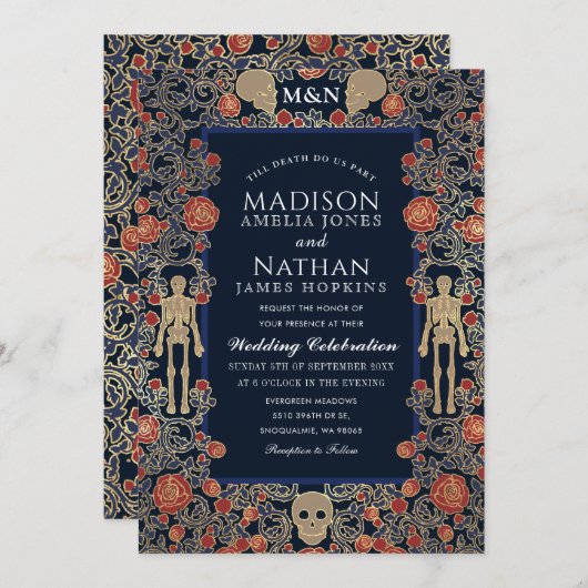 ゴシッエレガントクビクトリアンゴールド結婚フォイル 招待状 (正面/裏面)