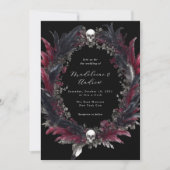 ゴシッエレガントクブラックレッドフェザーリース結婚ズ 招待状 (正面)
