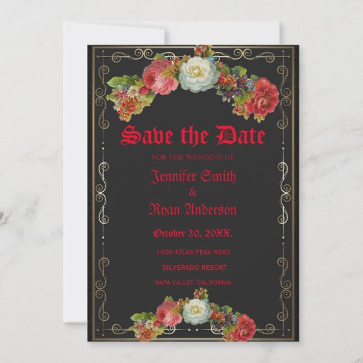 ゴシッエレガントクヴィンテージの花は日付保存 招待状 (正面)