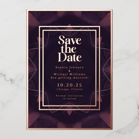 ゴシッエレガントク日付保存フォト深い紫 箔シーズンカード (正面)