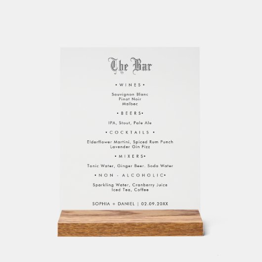 ゴシッエレガントク旧英スタイルの結婚バーメニュー アクリルサイン (正面)