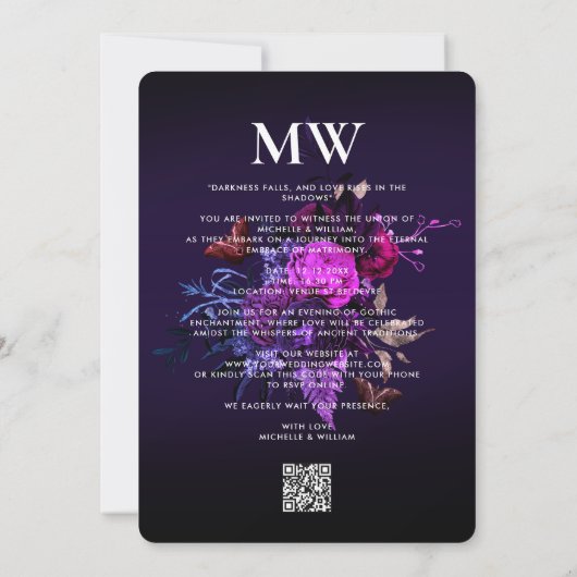 ゴシッエレガントク結婚のボホダークパープル植物学 招待状 (裏面)