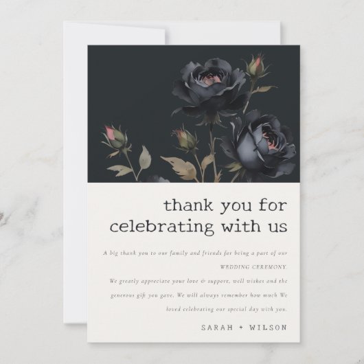 ゴシッエレガントク色ダークウォーターカラーブラックバラ結婚ズ サンキューカード (正面)