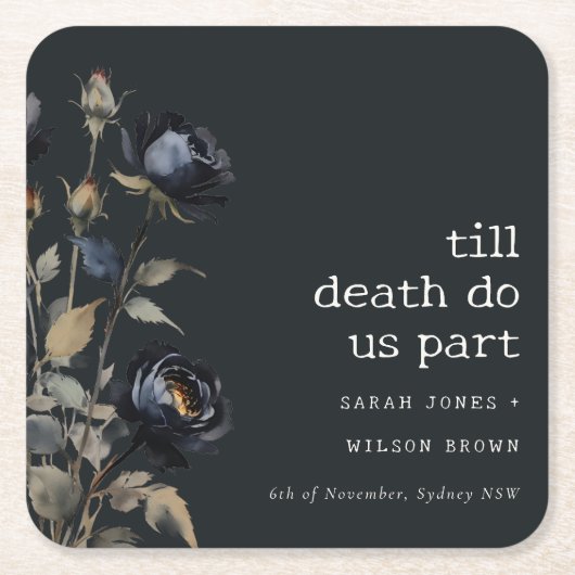 ゴシッエレガントク色ダークウォーターカラーブラックバラ結婚ズ スクエアペーパーコースター (正面)