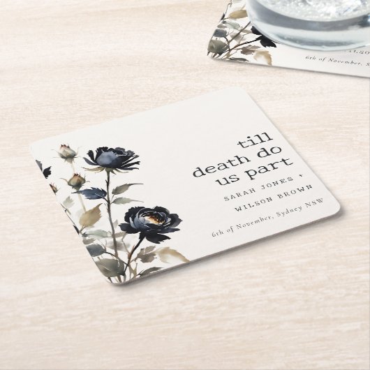 ゴシッエレガントク色ダークウォーターカラーブラックバラ結婚ズ スクエアペーパーコースター (アングル)