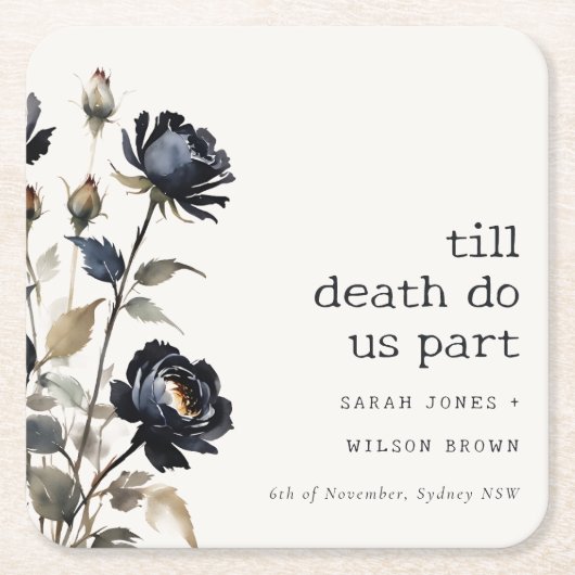 ゴシッエレガントク色ダークウォーターカラーブラックバラ結婚ズ スクエアペーパーコースター (正面)