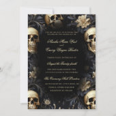 ゴシッエレガントク金ゴールドスカルと花結婚の数 招待状 (正面)