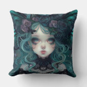 ゴシックこうもりガールインティール(緑がかった色) クッション (正面)
