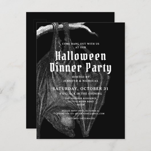 ゴシックこうもりハロウィーンディナーパーティの招待状 ポストカード (正面/裏面)