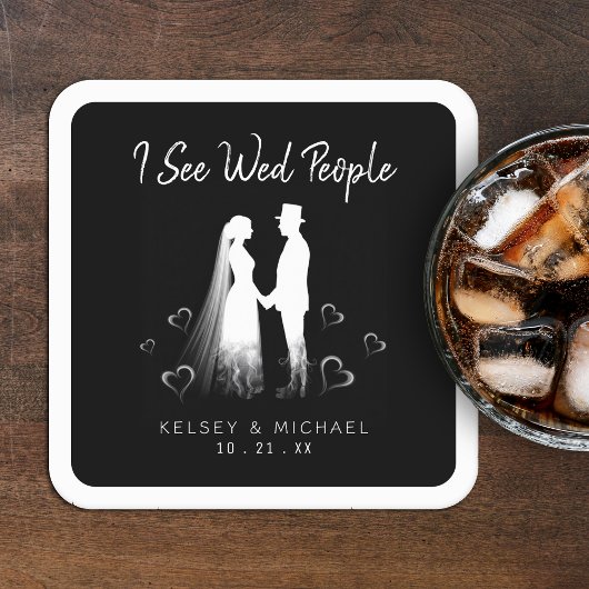 ゴシックな幽霊のハロウィン ウェディング "I See Wed People" スクエアペーパーコースター