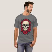 ゴシックな頭蓋骨と赤いバラ Tシャツ (正面フル)