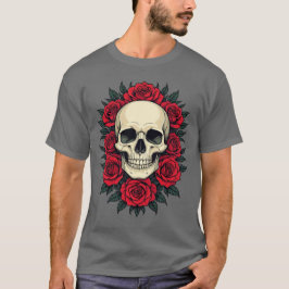 ゴシックな頭蓋骨と赤いバラ Tシャツ