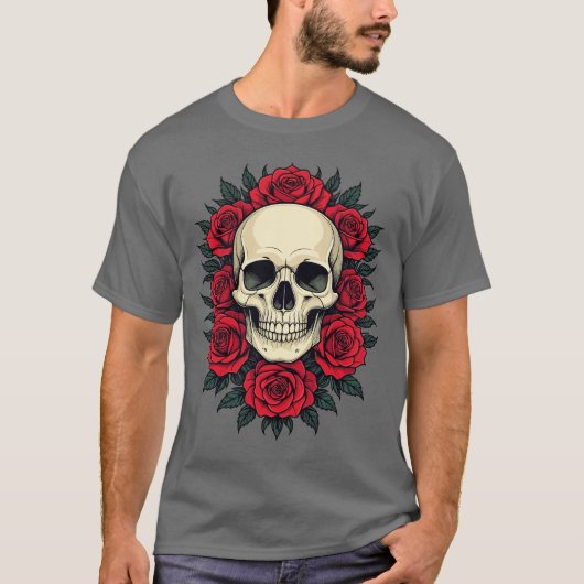 ゴシックな頭蓋骨と赤いバラ Tシャツ (正面)