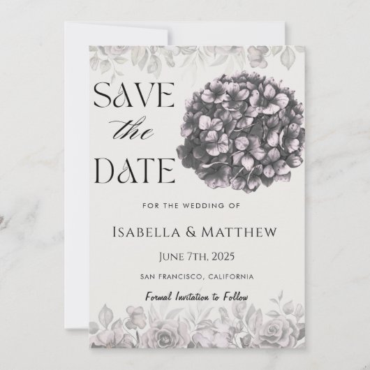 ゴシックのあじさいフローラ結婚式の日付を保存 招待状 (正面)