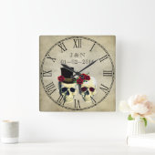 ゴシックのスカルの結婚したなカップルのカスタムな結婚式 スクエア壁時計 (ホーム)