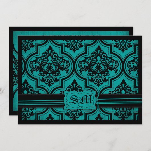 ゴシックのティール(緑がかった色)の黒のダマスク織の結婚式の封筒 招待状 (正面/裏面)
