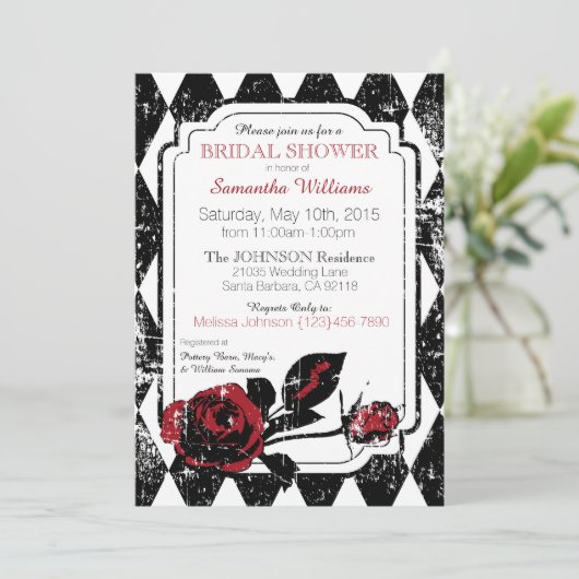ゴシックのバラのグランジなダイヤモンドのプリントのブライダルシャワー 招待状 (スタンド正面)