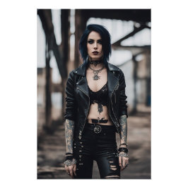 ゴシックの女の子は古い橋の前でポーズ ポスター