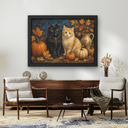 ゴシックの秋 猫とカボチャの美術品 ポスター