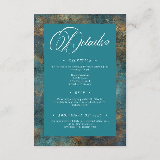 ゴシックアンティークティール（緑がかった色）金ゴールドダマスクウェディング詳細 エンクロージャーカード (正面)