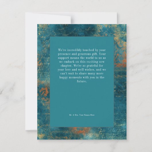 ゴシックアンティークティール（緑がかった色）金ゴールドダマスクフォト結婚ズ サンキューカード (裏面)