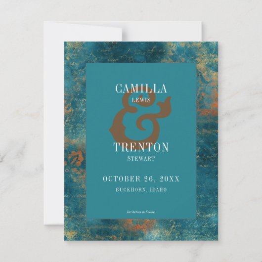 ゴシックアンティークティール(緑がかった色)金ゴールドダマスクフォト結婚ズ セーブザデート (裏面)