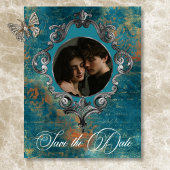 ゴシックアンティークティール(緑がかった色)金ゴールドダマスクフォト結婚ズ セーブザデート