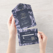 ゴシックアンティークパープルダマスクQRコード結婚ズ オールインワン招待状 (貼ってはがせる)