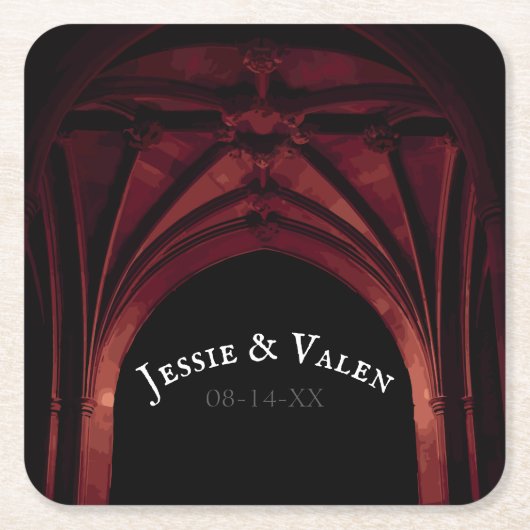 ゴシックア結婚ーチの暗赤色 スクエアペーパーコースター (正面)