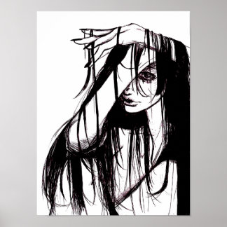 ゴシックインクの女性の暗いイラスト ホラーアート ポスター