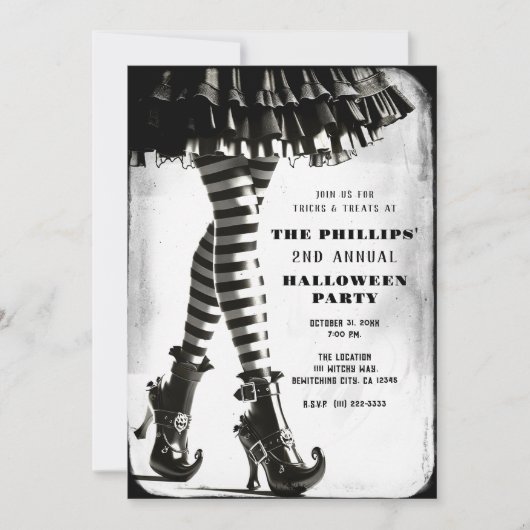 ゴシックウィッチストライプのレッグ白黒ハロウィーン 招待状 (正面)