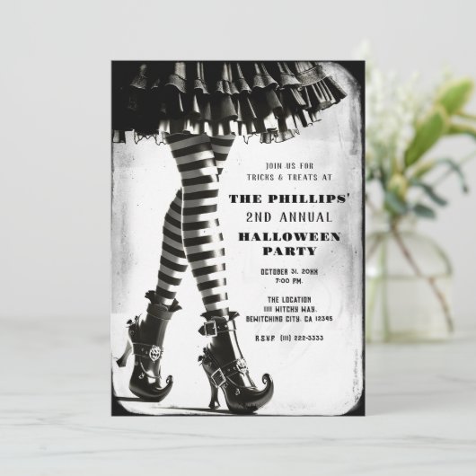ゴシックウィッチストライプのレッグ白黒ハロウィーン 招待状 (スタンド正面)