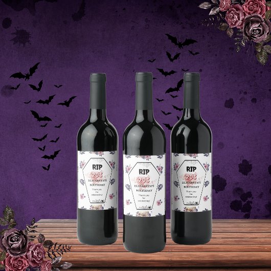 ゴシックウォーターカラーRIP誕生日棺スカルRaven ワインラベル