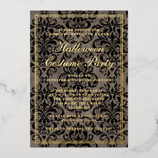 ゴシックエレガントハロウィーンの衣装パーティー金ゴールド 箔招待状 (正面)