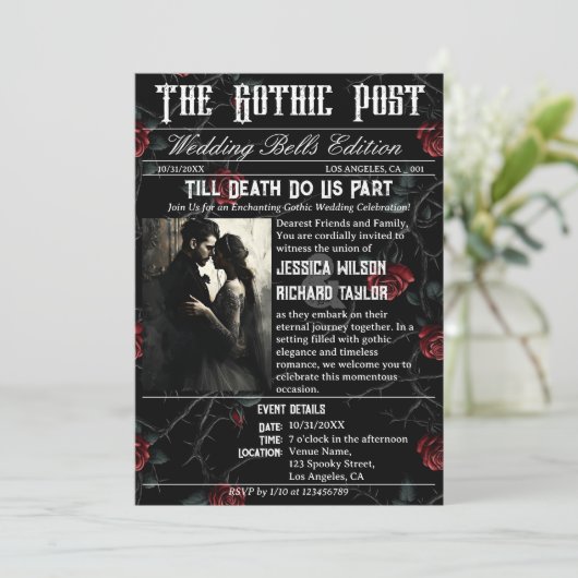 ゴシックエレガントバラ新聞写真ブラック結婚ズ 招待状 (スタンド正面)