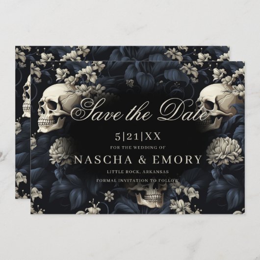 ゴシックエレガントフローラスカルダーク結婚ズ セーブザデート (正面/裏面)