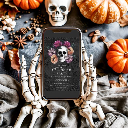ゴシックエレガントフローラスカルハロウィーン 招待状