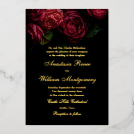 ゴシックエレガントフローラブラック&金ゴールドズ結婚ズ 箔招待状