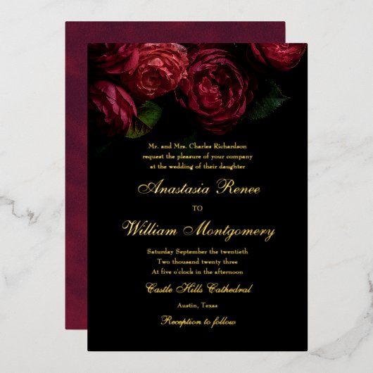 ゴシックエレガントフローラブラック&金ゴールドズ結婚ズ 箔招待状 (正面/裏面)