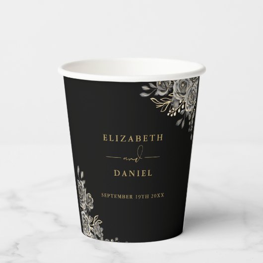 ゴシックエレガントフローラ黒と金ゴールド結婚ズ 紙コップ (裏面)
