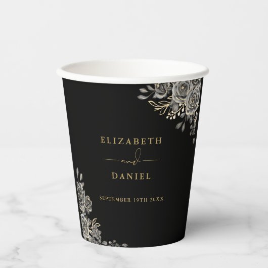ゴシックエレガントフローラ黒と金ゴールド結婚ズ 紙コップ (正面)