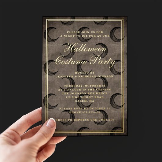 ゴシックエレガントムーンハロウィーンの衣装パーティー金ゴールド 箔招待状