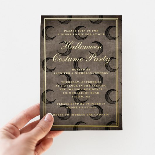 ゴシックエレガントムーンハロウィーンの衣装パーティー金ゴールド 箔招待状