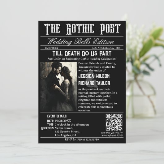ゴシックエレガント新聞フォトブラック結婚ズ 招待状 (スタンド正面)