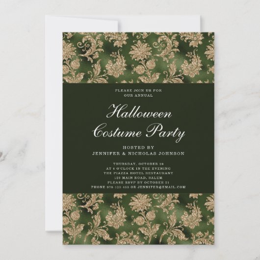 ゴシックエレガント様式のグリーンダマスクハロウィーンの衣装 招待状 (正面)